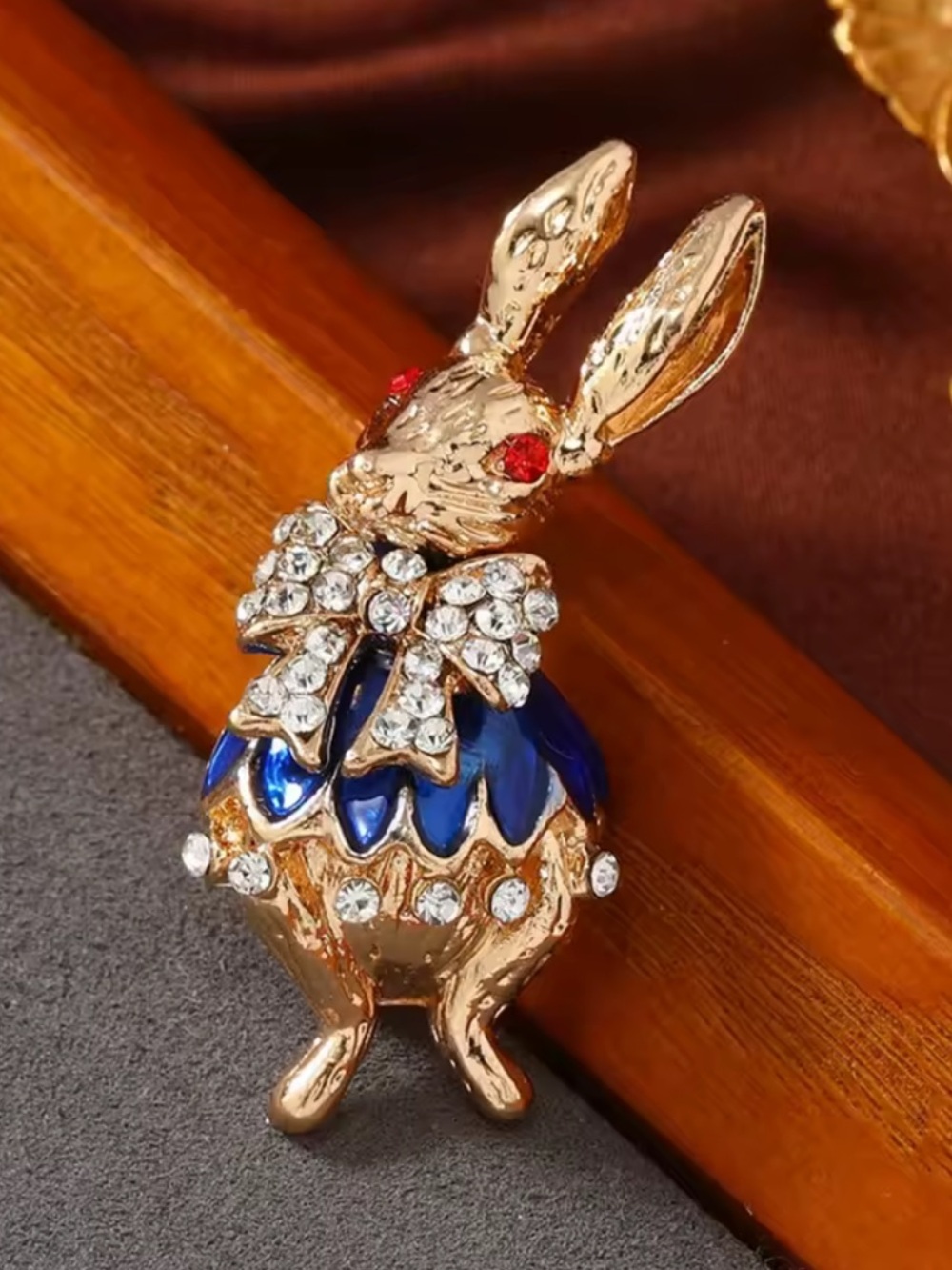 Bunny Brooch with Blue Enamel and Crystal Accents